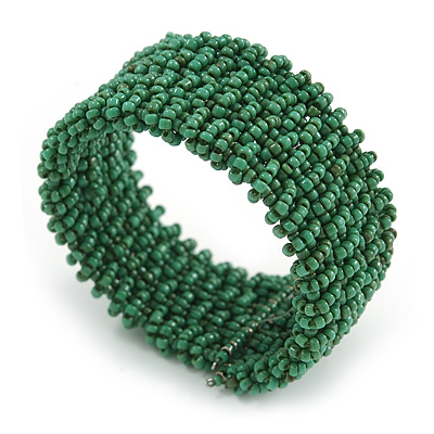 Trendy Green Glass Bead Flex Cuff Bracelet - Adjustable - main view
