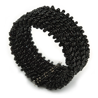 Trendy Black Glass Bead Flex Cuff Bracelet - Adjustable - main view