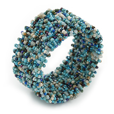 Trendy Light Blue/ Peacock/ White Glass Bead Flex Cuff Bracelet - Adjustable - main view