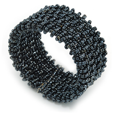 Trendy Hematite/ Anthracite Glass Bead Flex Cuff Bracelet - Adjustable - main view
