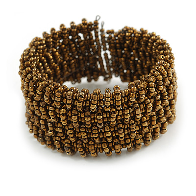 Trendy Bronze/ Antique Gold Glass Bead Flex Cuff Bracelet - Adjustable - main view