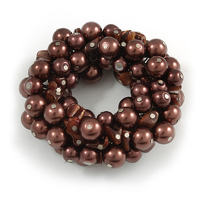 Solid Chunky Chocolate Brown Glass Bead, Sea Shell Nuggets Flex Bracelet - 18cm L - main view