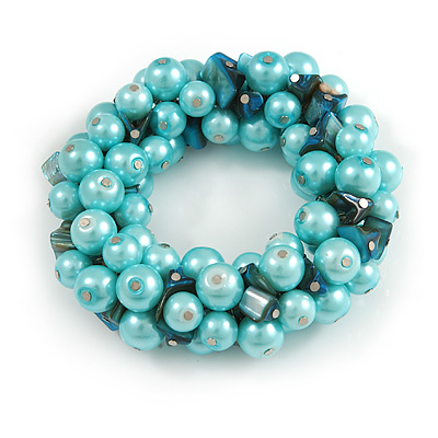 Solid Chunky Light Blue Glass Bead, Teal Sea Shell Nuggets Flex Bracelet - 18cm L - main view