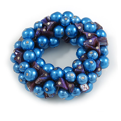 Solid Chunky Blue Glass Bead, Inky Blue Sea Shell Nuggets Flex Bracelet - 18cm L - main view
