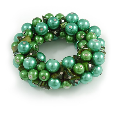 Solid Chunky Green Glass Bead, Sea Shell Nuggets Flex Bracelet - 18cm L - main view