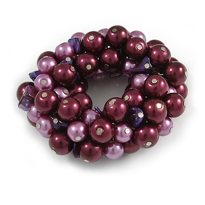 Solid Chunky Purple Glass Bead, Sea Shell Nuggets Flex Bracelet - 18cm L - main view