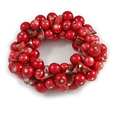 Solid Chunky Red Glass Bead, Sea Shell Nuggets Flex Bracelet - 18cm L - main view