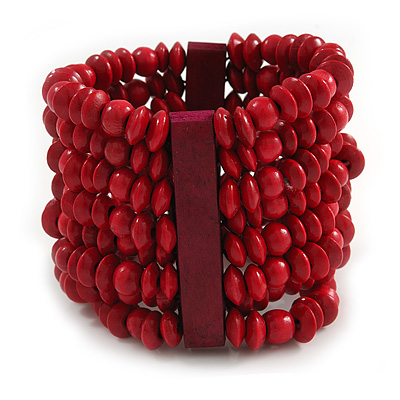 Wide Wooden Bead Flex Bracelet In Red - 19cm L - Adjustable - main view