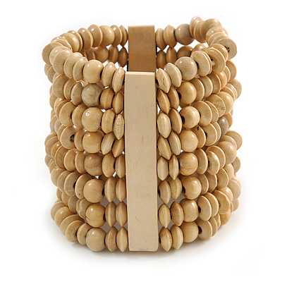 Wide Wooden Bead Flex Bracelet In Natural - 19cm L - Adjustable