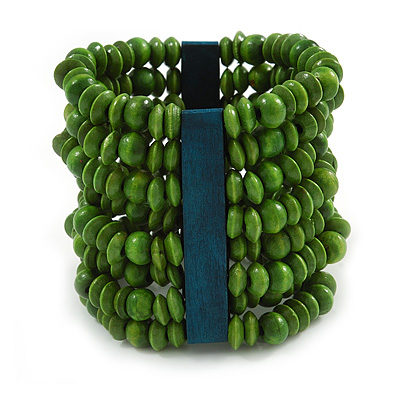 Wide Wooden Bead Flex Bracelet In Green - 19cm L - Adjustable - main view