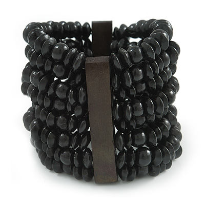 Wide Wooden Bead Flex Bracelet In Black - 19cm L - Adjustable - main view