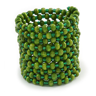 Wide Wood and Glass Bead Coil Flex Bracelet In Green - Adjustable - main view