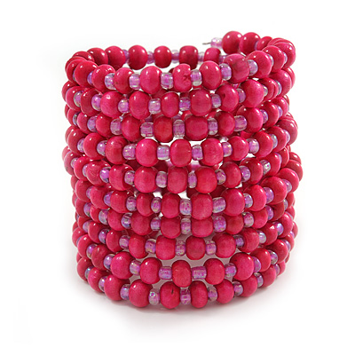 Wide Wood and Glass Bead Coil Flex Bracelet In Pink - Adjustable - main view