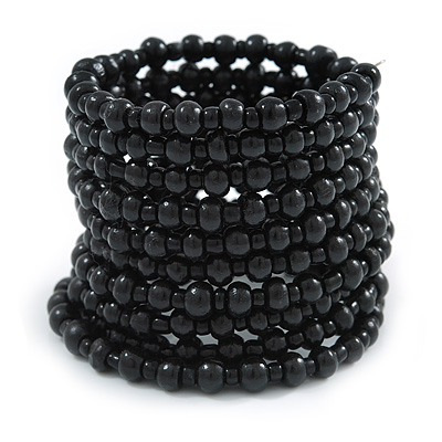 Wide Wood and Glass Bead Coil Flex Bracelet In Black - Adjustable - main view