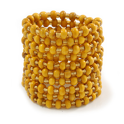Wide Wood and Glass Bead Coil Flex Bracelet In Yellow - Adjustable - main view