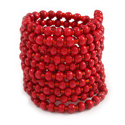 Wide Wood and Glass Bead Coil Flex Bracelet In Red - Adjustable - main view