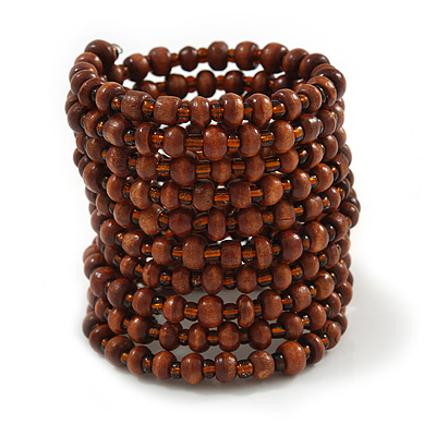 Wide Wood and Glass Bead Coil Flex Bracelet In Brown - Adjustable - main view