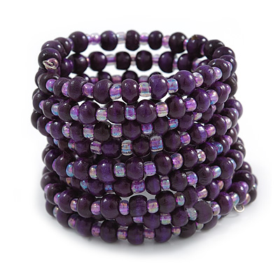Wide Wood and Glass Bead Coil Flex Bracelet In Purple - Adjustable - main view
