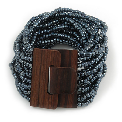 Anthracite/ Hematite Glass Bead Multistrand Flex Bracelet With Wooden Closure - 19cm L - main view