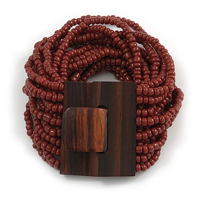 Chocolate Brown Glass Bead Multistrand Flex Bracelet With Wooden Closure - 19cm L
