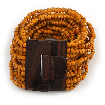 Burnt Orange Glass Bead Multistrand Flex Bracelet With Wooden Closure - 19cm L - main view