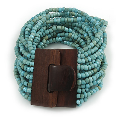 Dusty Light Blue Glass Bead Multistrand Flex Bracelet With Wooden Closure - 19cm L - main view