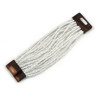 White Glass Bead Multistrand Flex Bracelet With Wooden Closure - 19cm L