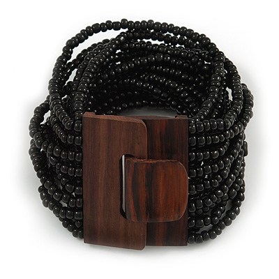 Black Glass Bead Multistrand Flex Bracelet With Wooden Closure - 19cm L - main view