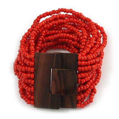 Burnt Red Glass Bead Multistrand Flex Bracelet With Wooden Closure - 19cm L - main view