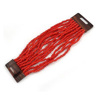 Burnt Red Glass Bead Multistrand Flex Bracelet With Wooden Closure - 19cm L - main view