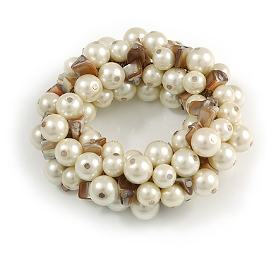 Solid Chunky Light Cream Glass Bead, Antique White Sea Shell Nuggets Flex Bracelet - 18cm L - main view