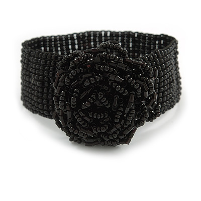 Statement Beaded Flower Stretch Bracelet In Black - 18cm L - Adjustable - main view