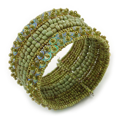Bohemian Beaded Cuff Bangle with Sequin (Lime Green) - Adjustable - main view