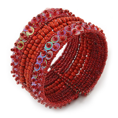 Bohemian Beaded Cuff Bangle with Sequin (Red) - Adjustable - main view
