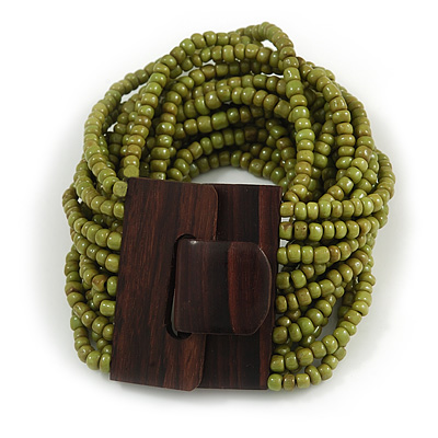 Olive Green Glass Bead Multistrand Flex Bracelet With Wooden Closure - 19cm L - main view