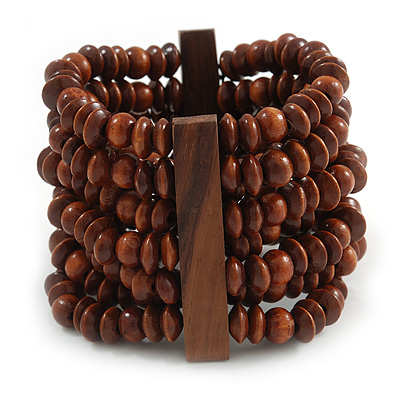 Wide Wooden Bead Flex Bracelet In Brown - 19cm L - Adjustable