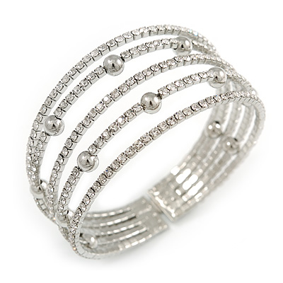 Delicate 5 Row Clear Crystal Flex Cuff Bracelet With Silver Tone Ball Bead - Adjustable - main view