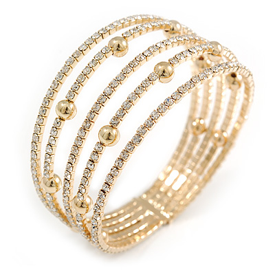 Delicate 5 Row Clear Crystal Flex Cuff Bracelet With Gold Tone Ball Bead - Adjustable