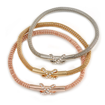 Set Of 3 Mesh Flex Bracelets with Crystal Cross Element in Gold/ Silver/ Rose Gold - 19cm L - main view