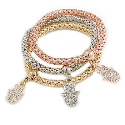 Set Of 3 Thick Mesh Flex Bracelets with Crystal Hamsa Hand Charm in Gold/ Silver/ Rose Gold - 19cm L - main view