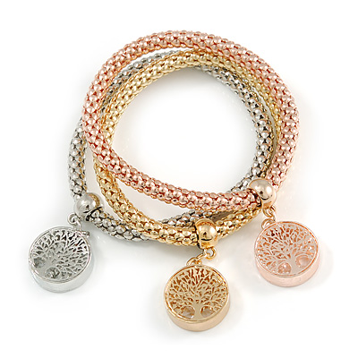 Set Of 3 Thick Mesh Flex Bracelets with Round Tree Of Life Charm in Gold/ Silver/ Rose Gold - 19cm L - main view
