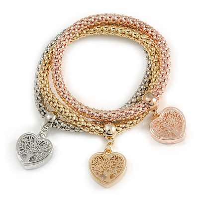 Set Of 3 Thick Mesh Flex Bracelets with Heart/ Tree Of Life Charm in Gold/ Silver/ Rose Gold - 19cm L - main view
