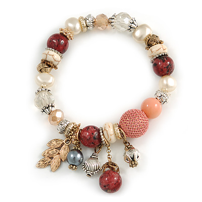 Trendy Ceramic, Glass and Semiprecious Bead, Gold/ Silver Tone Metal Rings, Charm Flex Bracelet (Pink, Red, Cream) - 18cm L