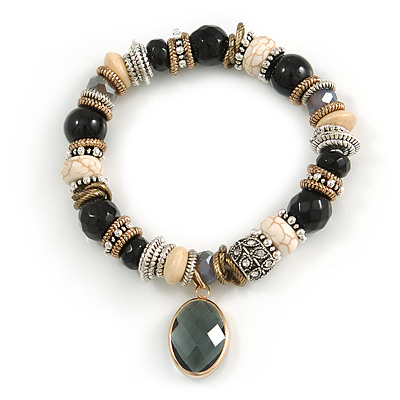 Trendy Ceramic and Semiprecious Bead, Gold/ Silver Tone Metal Rings Flex Bracelet (Black, Grey, Natural) - 18cm L - main view