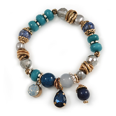 Trendy Glass and Semiprecious Bead, Gold Tone Metal Rings Flex Bracelet (Teal, Blue, Grey) - 18cm L - main view