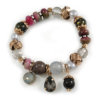 Trendy Glass and Semiprecious Bead, Gold Tone Metal Rings Flex Bracelet (Black, Grey, Purple) - 18cm L - main view
