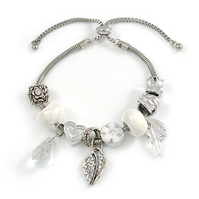 Trendy Glass, Crystal, Metal Bead Charm Chain Bracelet In Silver Tone (White/ Clear) - 15cm L/ 3cm Ext - main view