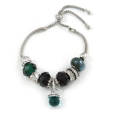 Trendy Glass, Crystal, Metal Bead Charm Chain Bracelet In Silver Tone (Black/ Green) - 15cm L/ 3cm Ext