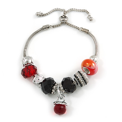 Trendy Glass, Crystal, Metal Bead Charm Chain Bracelet In Silver Tone (Black/ Red) - 15cm L/ 3cm Ext - main view