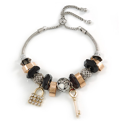 Trendy Glass, Crystal, Metal Bead Charm Chain Bracelet In Silver Tone (Gold/ Black/ Silver) - 15cm L/ 3cm Ext - main view